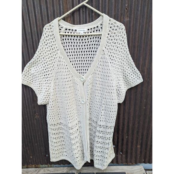 St Johns Bay Crochet Cardigan 3X Beige Babydoll Sweater Fisherman Short Sleeve - Picture 1 of 10